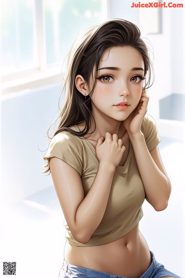 A young woman sitting on the floor with her hand on her chin.