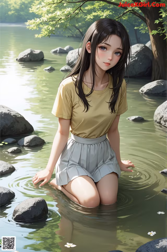 A girl sitting in a body of water surrounded by rocks.