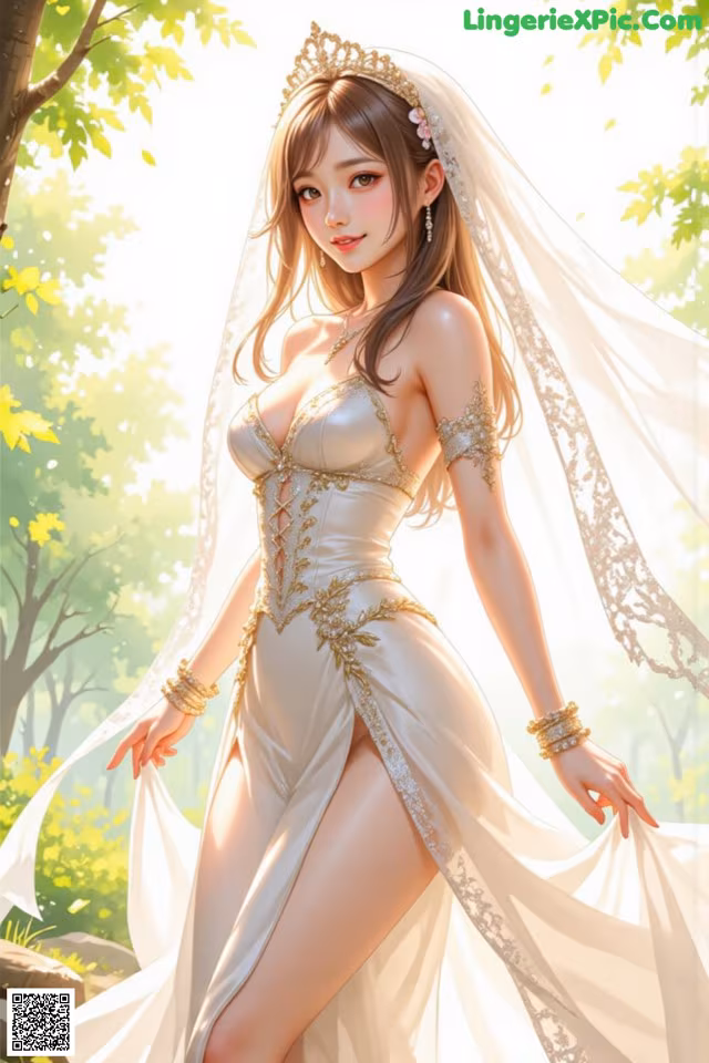 A woman in a wedding dress standing in a forest.