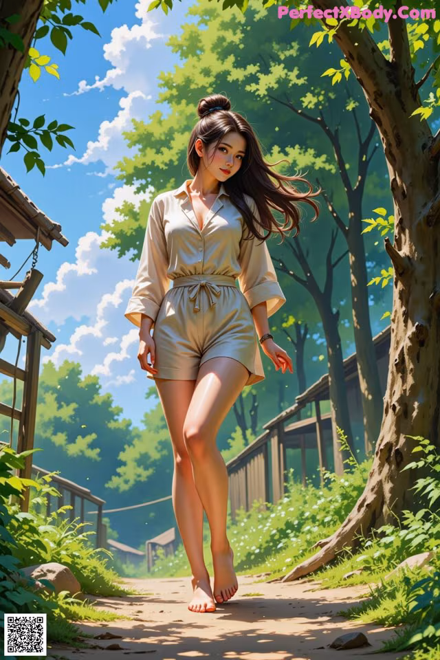A woman walking down a path in a forest.