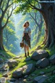 A woman walking through a lush green forest next to a stream.