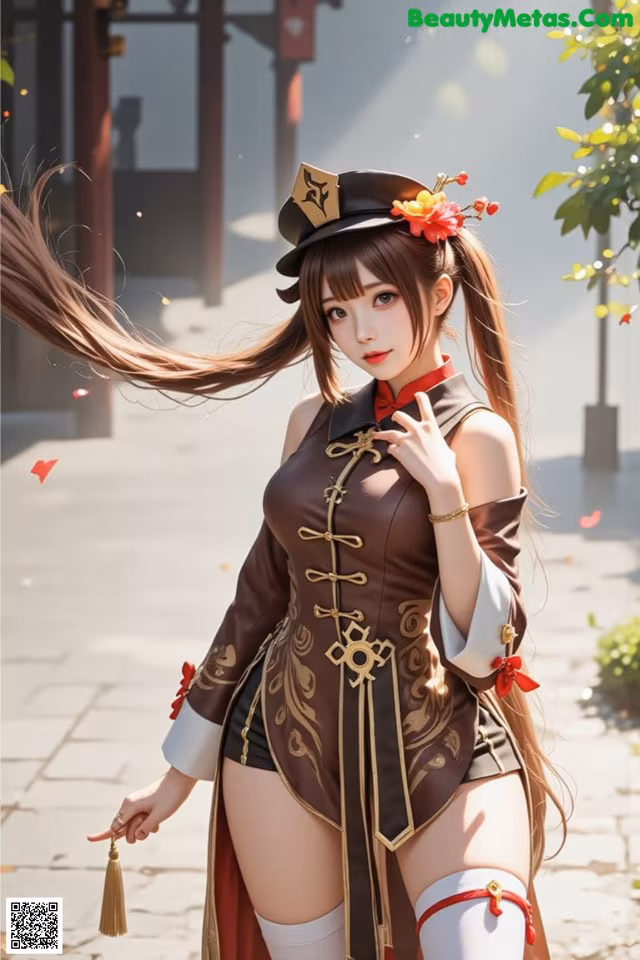 A woman in a brown and black outfit is posing for a picture.