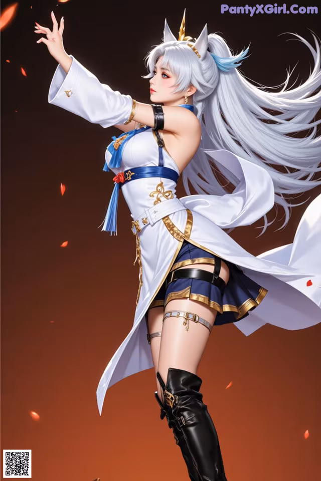 A woman in a white and blue outfit with long white hair.