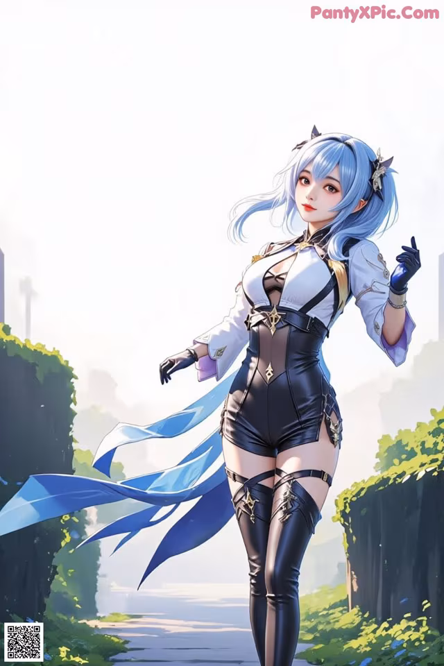 A woman in a black and white outfit with blue hair.