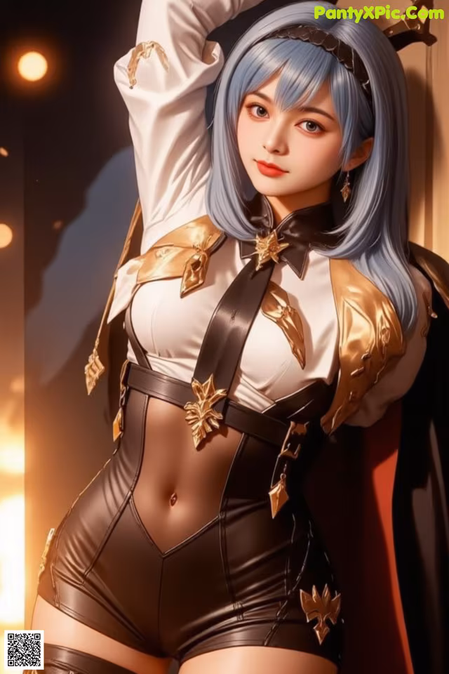 A woman with blue hair wearing a black and gold outfit.