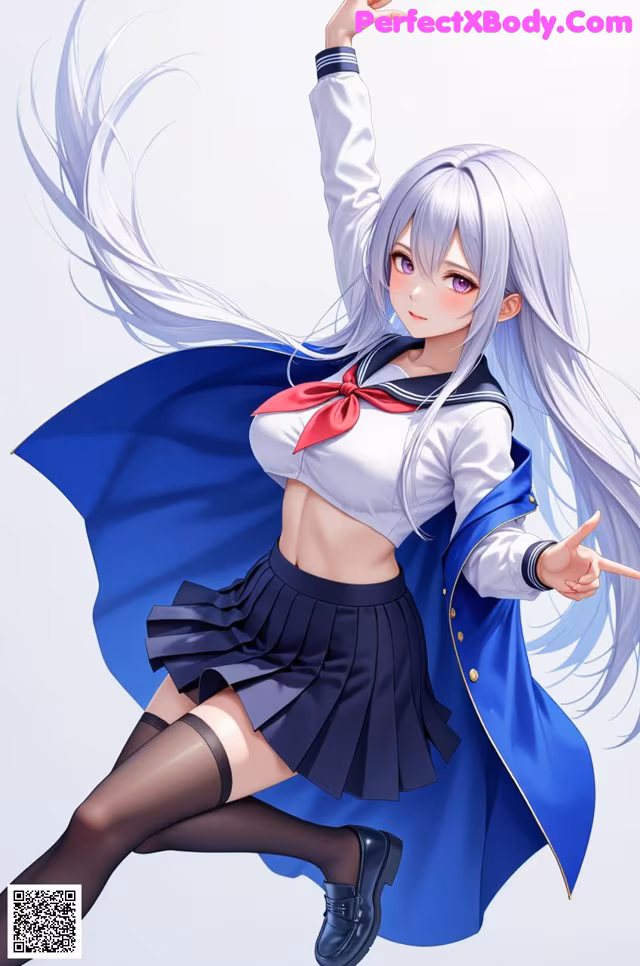 A girl in a school uniform with long white hair and a blue cape.