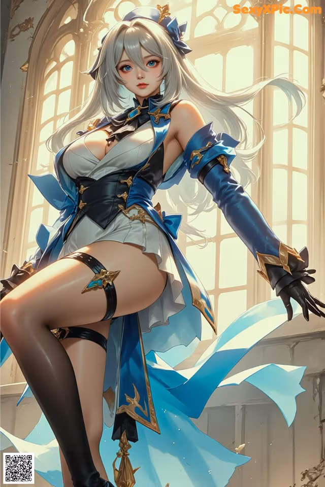 A woman in a blue and white outfit holding a sword.