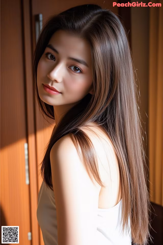 A woman with long brown hair standing in front of a door.