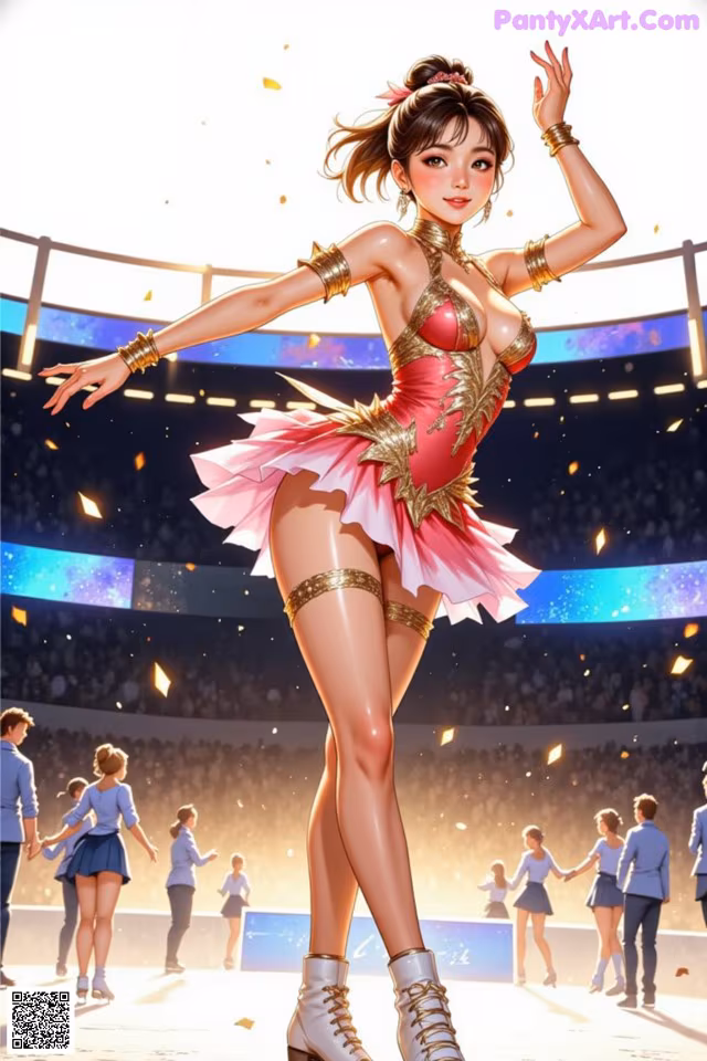 A woman in a pink and gold outfit dancing on a stage.