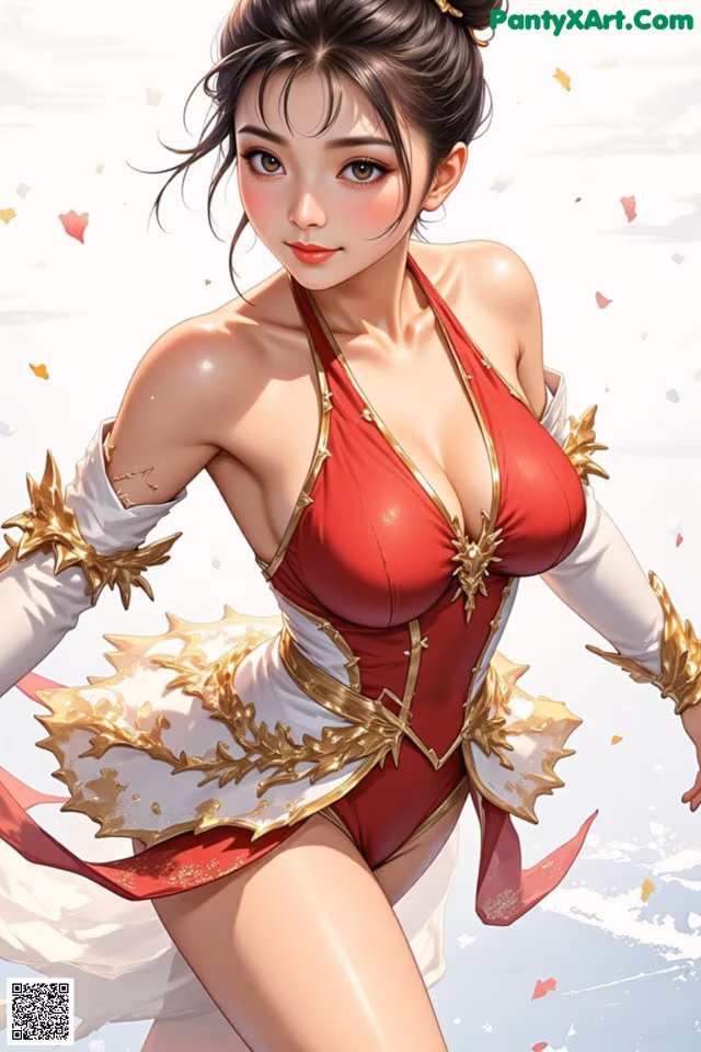 A woman in a red and white outfit is posing for a picture.