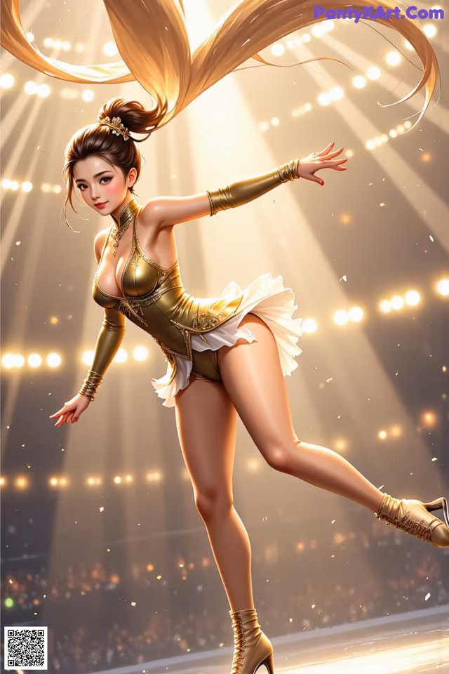A woman in a gold outfit is dancing on a stage.