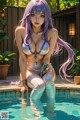 A woman with long purple hair sitting in a pool.