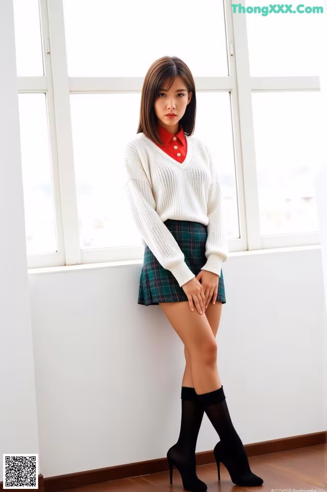A woman in a white sweater and green plaid skirt posing for a picture.